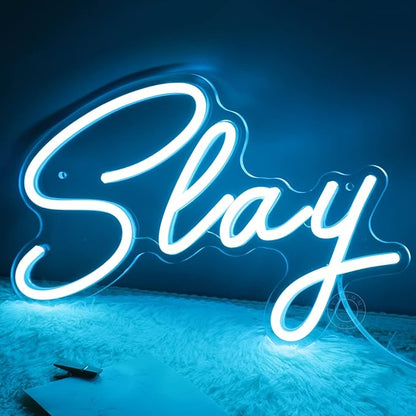 SYLHOME Slay Blue LED Neon Light Sign Cool Boys Girls Preppy Bedroom Game Play Room Desk Wall Decor Sign Club Pub Bar Man Cave Game Center Birthday Decoration USB Night Light 11.8" X 8"