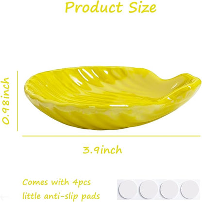 Shell Trinket Dish, Ceramic Jewelry Dish Trinket Tray, Cute Jewelry Organizer Plate for Jewelry, Earring Seashell Jewelry Ring Holder, 3.9", Bright Yellow Iridescent Surface