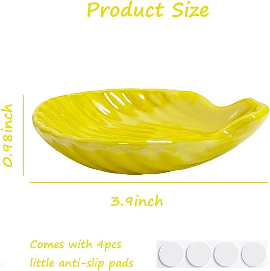 Shell Trinket Dish, Ceramic Jewelry Dish Trinket Tray, Cute Jewelry Organizer Plate for Jewelry, Earring Seashell Jewelry Ring Holder, 3.9", Bright Yellow Iridescent Surface