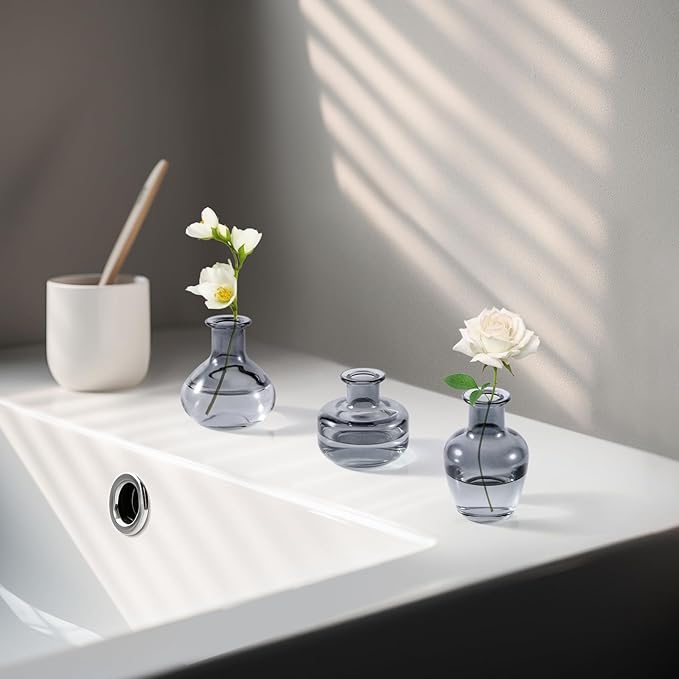 Black Gray Glass Bud Vase, 10Pcs/Set Modern Decorative Small Mini Flowers Vases, Minimalist Aesthetic Home Decor Vintage Wedding Table Centerpieces for Single Flower Rose