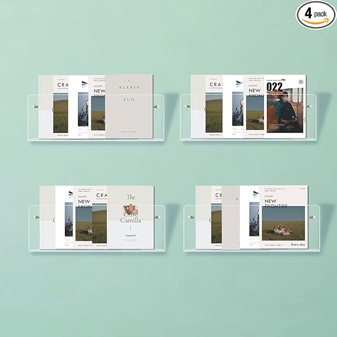 4PACK Acrylic Brochure Holder Wall Mount Clear Hanging Magazine Rack Bookshelf Comic Display Stand Floating Storage Organizer for Living Room, Office, Waitting Room