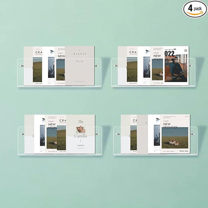 4PACK Acrylic Brochure Holder Wall Mount Clear Hanging Magazine Rack Bookshelf Comic Display Stand Floating Storage Organizer for Living Room, Office, Waitting Room