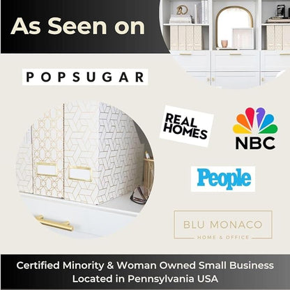 BLU MONACO Decorative Foldable Magazine Storage Boxes for Desk - Set of 4 Gold Magazine Holders with Cream Woven Design – Vintage Magazine File Organizer – Book Bins & Office Décor Storage Solution