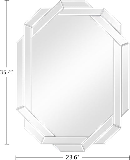 Octagonal Frameless Wall Mirror, 24'L x 35'W, Modern Bathroom Mirror with Beveled Edges