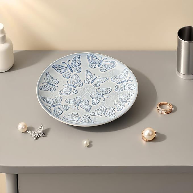 Ceramic Jewelry Dish, Decorative Tray for Rings Earrings Necklaces Bracelet Watch Keys, 4.50" Trinket Tray as Gifts for Women (Antique Butterflies)