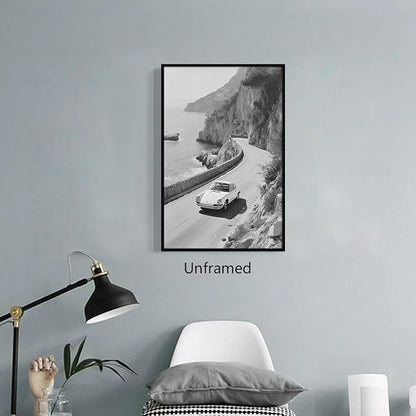 xbsifyiooa Black and White Photography Canvas Wall Art, Car Driving In Amalfi Coast Poster, Vintage Italy Coastal Travel Photo Print, Classic Car Picture for European Road Adventures 8x12in Unframed