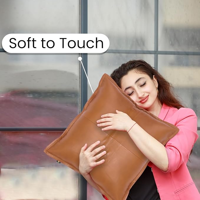 LL LEATHER LOVERS Lambskin Leather Pillow Cover - Sofa Cushion Case - Decorative Throw Covers for Living Room & Bedroom, 14x14 Inches - Camel Antique Box Pack of 2
