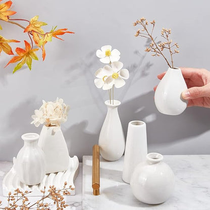 NBEADS 6 Pcs Mini Ceramic Flower Vase, 6 Styles Rustic Decor Vase Modern Farmhouse Decor White Plain Small Vases for Flowers Small Plants Floral Dining Room Shelf Decor, 1.7~2.6x2.8~3.9"