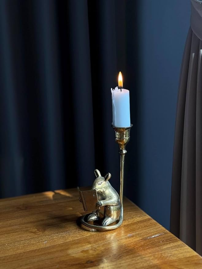 Vintage Brass Mouse Candleholder, Bookshelf Decor Antique Patina Taper Candle Holder mice Home Decor Gift, Reading Lover Gift
