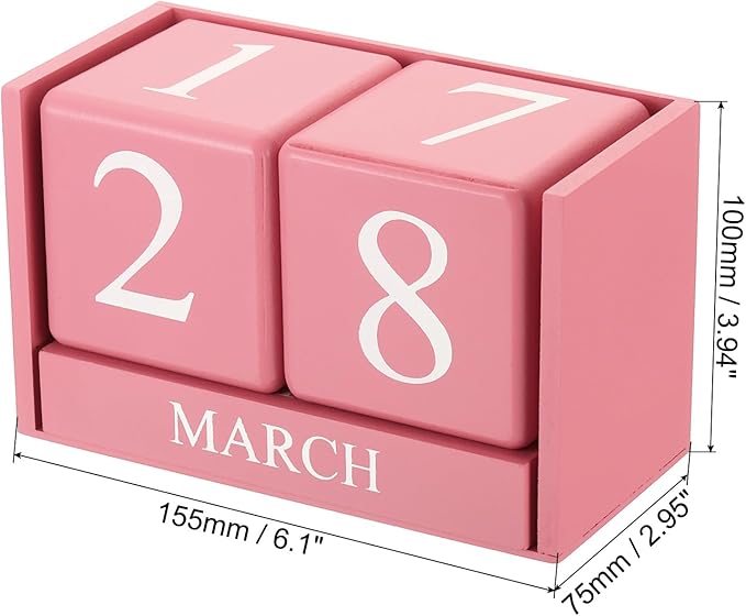 PATIKIL Vintage Wood Block Perpetual Calendar, Reusable Wooden Month Date Display Blocks for Desk Office Home Decoration 6.1", Pink