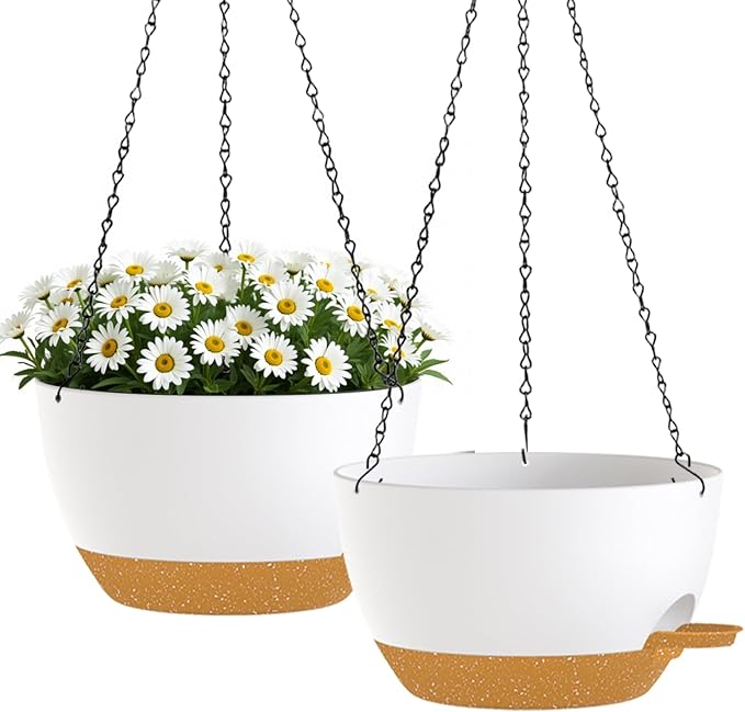 10 Inch Hanging Planters with Chains 2 Pack Self Watering White Brown Plastic Hanging Pots for Indoor Outdoor Plants, Garden Porch Home Decor (White Brown)