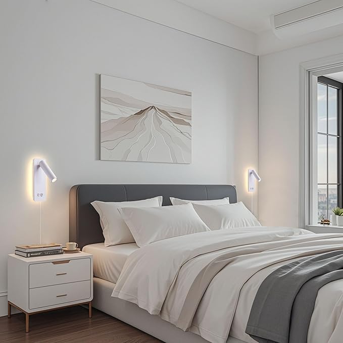 LED Reading Lights Wall Mounted, Plug in Wall Sconces Set of 2, Dimmable Bed Lights for Headboard, Hardwire Wall Lamps for Bedroom, Light for Bedside Hanging for Wall (White)