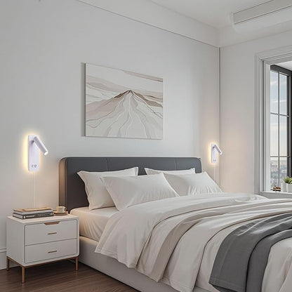 LED Reading Lights Wall Mounted, Plug in Wall Sconces Set of 2, Dimmable Bed Lights for Headboard, Hardwire Wall Lamps for Bedroom, Light for Bedside Hanging for Wall (White)