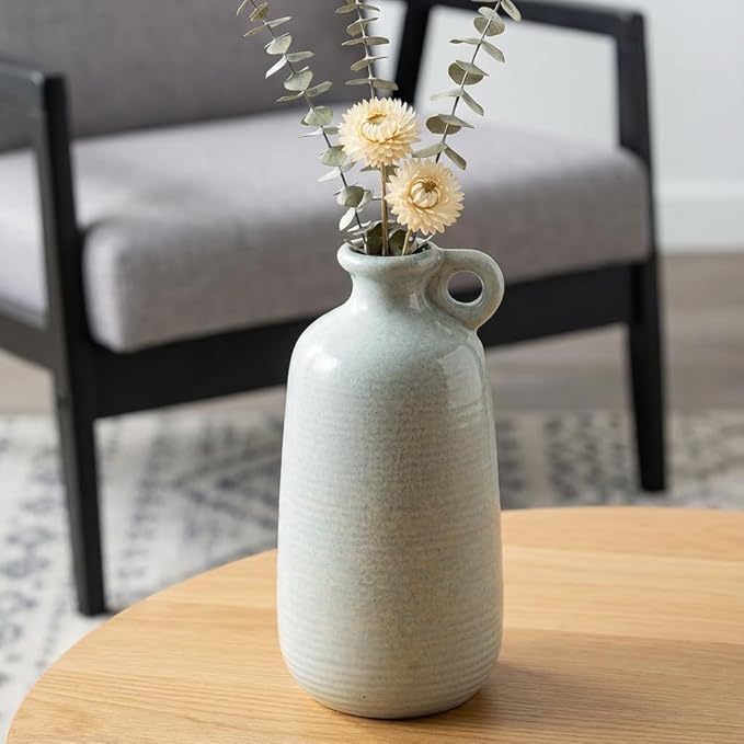 Sunddo Blue Ceramic Vase, 10 Inch Tall Modern Flower Vase with Handle, Art Decorative Vases for Pampas Grass, Entryway Living Room Dining Table Farmhouse Office Decor