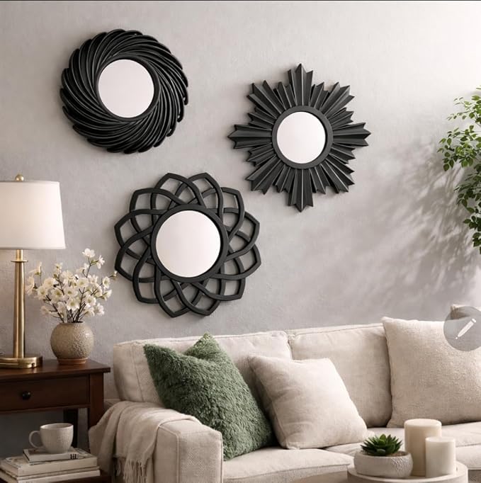 Ornate Mirror Cluster, Set of 3, Black Color, Decorative Wall Mirrors with Sunburst and Geometric Designs