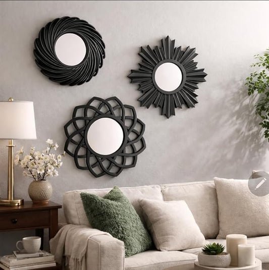 Ornate Mirror Cluster, Set of 3, Black Color, Decorative Wall Mirrors with Sunburst and Geometric Designs