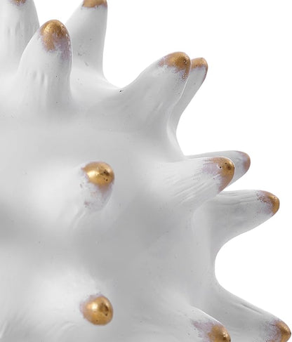 8” White Decorative Balls Sphere Statue for Modern Home Accent Decor Coffee Table Bookshelf Beach Office Living Room, Sea Urchin Spike Ball Decoration, Abstract Sculpture Centerpiece (Resin/Gold Tips)