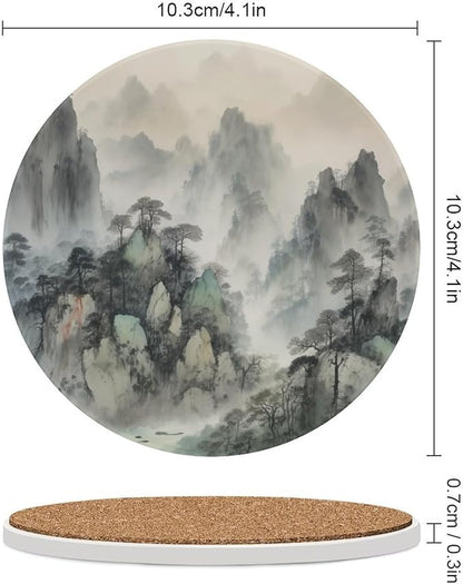 Round-6PCS Forest Ceramic Coasters, Round Absorbent Drink Coasters, Watercolor Japan China Style Nature Mountain Woodland Green Forest Ceramic Table Coasters for Coffee, Beverage, Wine, Beer Coasters