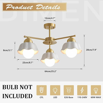 Mid Century Modern Brass Semi Flush Mount Ceiling Light 3 Lights Milk Opal Glass Ceiling Light Fixture Gold Sputnik Chandelier Light Fixture Vintage Hanging Ceiling Lights for Foyer MCL08-3 GD