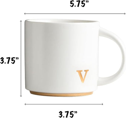 COLLECTIVE HOME - Monogram Ceramic Mugs, 15 oz Golden Initial Coffee Cups, Elegant Alphabet Tea Mugs, Elegant Personalized Mug with Gift Box, Luxurious Cups for Office and Home (v)