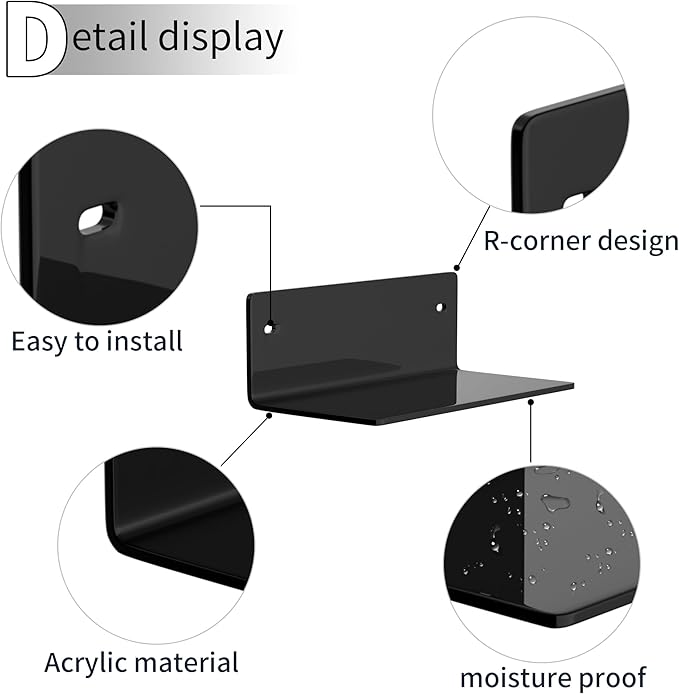 Sezanrpt 8 Inch Black Small Wall Shelves, Acrylic Wall Mounting Ledges Display, Acrylic Black Shelf for Figures, Collectibles, Plants, Décor, Toiletries, 4'' Depth, 2 Pack