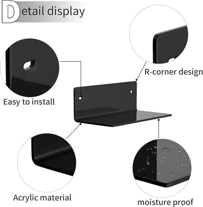 Sezanrpt 8 Inch Black Small Wall Shelves, Acrylic Wall Mounting Ledges Display, Acrylic Black Shelf for Figures, Collectibles, Plants, Décor, Toiletries, 4'' Depth, 2 Pack