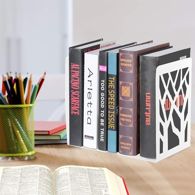 Book Ends, Bookends, Bookends for Shelves, Bookend, Book Ends for Heavy Books, White Metal Book Shelf Holder Home Decorative, Book Stoppers for Shelves, Bookend Supports 2 Pair