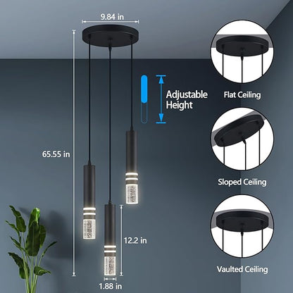 Pendant Lights Kitchen Island, Crystal Pendant Light Fixtures Mini 18W LED Modern Kitchen Pendant Lighting Over Sink and Living Room and Bedroom (Black 3 Light)
