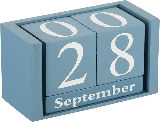 PATIKIL Vintage Wood Block Perpetual Calendar, Reusable Wooden Month Date Display Blocks for Desk Office Home Decoration 3.7", Blue