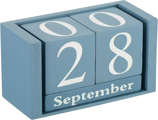 PATIKIL Vintage Wood Block Perpetual Calendar, Reusable Wooden Month Date Display Blocks for Desk Office Home Decoration 3.7", Blue