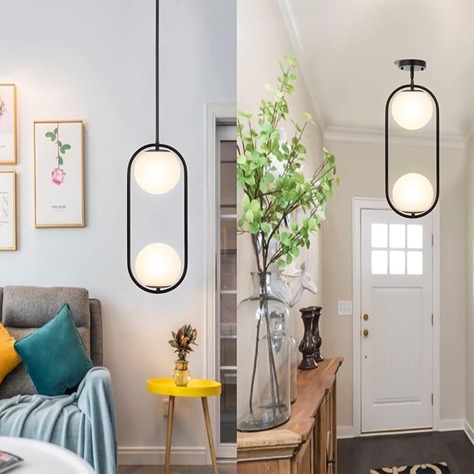 2-Lights Modern Globe Chandelier Mid Century Pendant Light Matte Black Ceiling Hanging Lighting Fixture with White Globe Glass Lampshade for Kitchen Island Dining Room Bedroom
