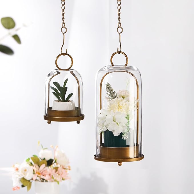 5" & 4" Wide Versatile Metal Candle Holder in Antique Brass with Handmade Thick, Heavy & Sturdy Glass Dome for Pillar Candle, Industrial, Modern, Shelf, Mantel, Veranda, Porch (Brass, Large & Small)