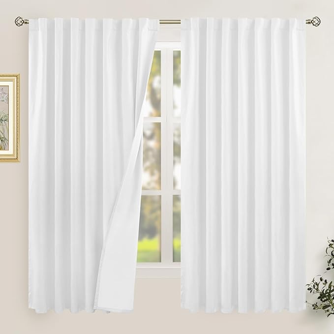 LAMIT Extra Wide 100% White Blackout Linen Curtains 63 Inch Length, Linen Textured Thermal Bedroom Curtains Back Tab and Rod Pocket Neutral Panels with White Liner, 2 Panels, 60 x 63 Inch