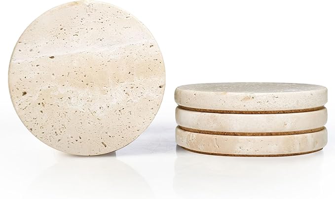 Real Natural Travertine Coasters Set of 4, Round Beige Marble Stone 4 inch, Modern Drink Coasters for Home Decor, Coffee Table, Office