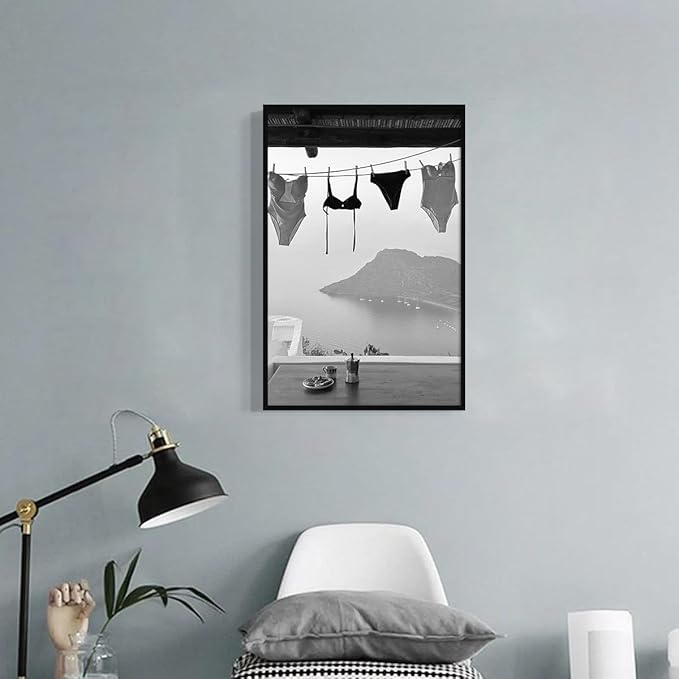 Black and White Photography Canvas Wall Art, Summer Coastal Hanging Bikini Aesthetic Poster, Vintage Trendy Beach Landscape Picture, Museum Photo Art Coastal Print for Bedroom 16x24in Framed
