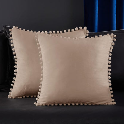 Deconovo Velvet Throw Pillow Covers, Set of 2, 20” x 20” Light Khaki, Square Pom-poms Soft with Invisible Zipper Cover for Sofa Couch Car