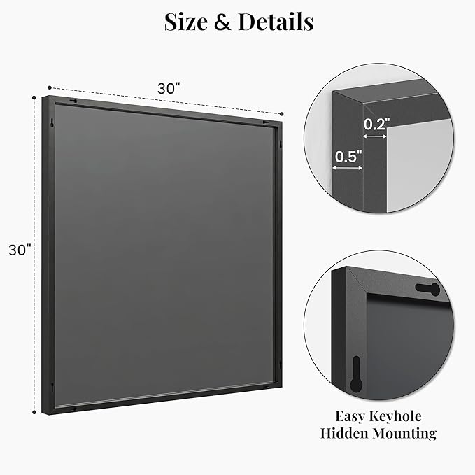30''x30'' Square Black Bathroom Mirror, Matte Metal Framed Wall Mirror, Modern Geometric Vanity Mirror for Double Sink, Farmhouse Decor, Flush Mount