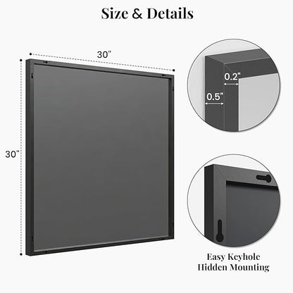 30''x30'' Square Black Bathroom Mirror, Matte Metal Framed Wall Mirror, Modern Geometric Vanity Mirror for Double Sink, Farmhouse Decor, Flush Mount
