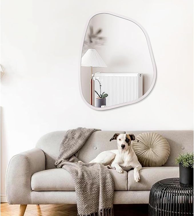 White Irregular Oval Wall Mirror Large 26"x18" Inches Asymmetrical Mirror Modern Wood Frame Unique Shape Wall Mounted Vanity Artistic Mirror Decor for Living Room Bedroom Bathroom Entryway