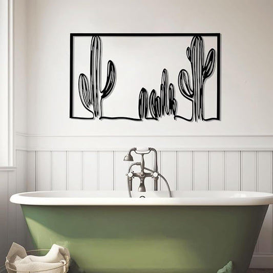 vinwipe Metal Cactus Wall Art, Cactus Metal Wall Decor, Minimalist Cactus Line Wall Art, Southwest Desert Decorations, Nature Decorations (Black, 48"x28"/121x71cm)