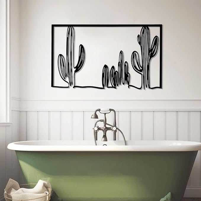 vinwipe Metal Cactus Wall Art, Cactus Metal Wall Decor, Minimalist Cactus Line Wall Art, Southwest Desert Decorations, Nature Decorations (Black, 19"x11"/47x28cm)