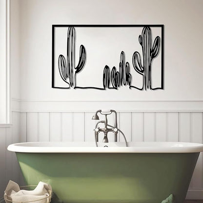 vinwipe Metal Cactus Wall Art, Cactus Metal Wall Decor, Minimalist Cactus Line Wall Art, Southwest Desert Decorations, Nature Decorations (Silver, 48"x28"/121x71cm)