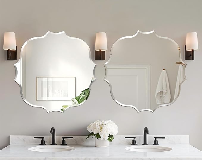 Frameless Scalloped Wall Mirror: Decorative Scallop Round Mirrored Glass Vanity with Beveled Silver Edge for Bathroom Bedroom Livingroom Dining Room Entryway Hallway, 24 x 24 inch
