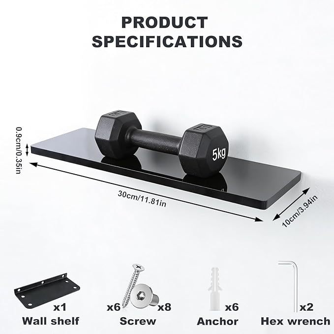 Floating Shelves for Wall Set of 2,12 in Wide Ehelf Narrow Floating for Decor Storage,Wall Mounted Acrylic Shelf,for Living Room, Bedroom, Bathroom and Kitchen(Black)