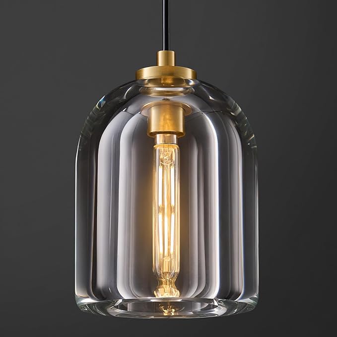 Crystal Pendant Light Kitchen Island: 5.1" Dimmable Vintage Brass Hanging Lights above Dining Table - Modern K9 Crystals Lighting - Luxury Gold Cylinder Pendants Light Fixtures 3000K E12 Bulb Included