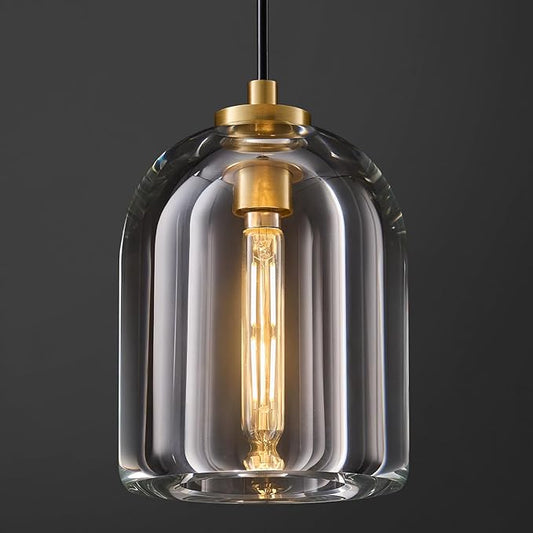 Crystal Pendant Light Kitchen Island: 5.1" Dimmable Vintage Brass Hanging Lights above Dining Table - Modern K9 Crystals Lighting - Luxury Gold Cylinder Pendants Light Fixtures 3000K E12 Bulb Included