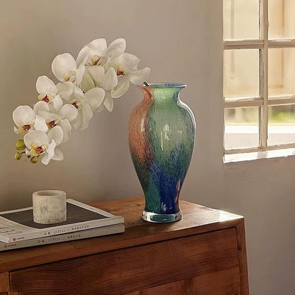 Hand Blown Glass Vase, 11.4" Tall, Murano-Style Art, Multicolor, Abstract, Oblong Shape, Perfect for Living Room, Bathroom, Wedding, Graduation, Mother's Day, Women