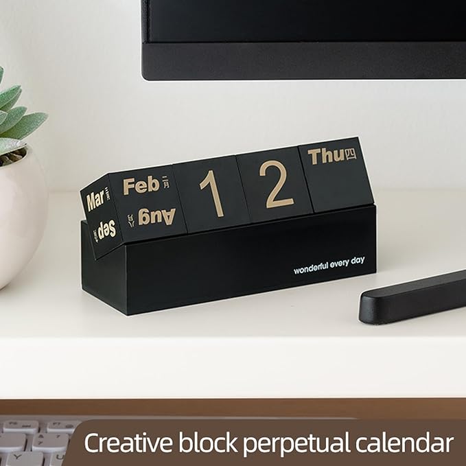 Block Calendar for Desk, Daily Desktop Perpetual Desk Calendar, Cute Date Display Blocks Desk Accessory for Home Office Decor, Teacher, Classroom, Reusable Yearly (Black, No phone holder)