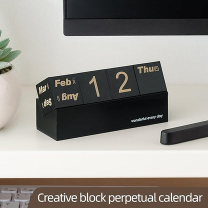Block Calendar for Desk, Daily Desktop Perpetual Desk Calendar, Cute Date Display Blocks Desk Accessory for Home Office Decor, Teacher, Classroom, Reusable Yearly (Black, No phone holder)