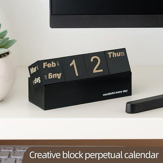 Block Calendar for Desk, Daily Desktop Perpetual Desk Calendar, Cute Date Display Blocks Desk Accessory for Home Office Decor, Teacher, Classroom, Reusable Yearly (Black, No phone holder)